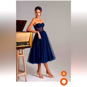 Navy Tulle puffy strapless midi dress. Corset tie back
